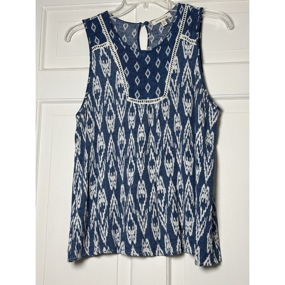 Monteau Los Angeles XL Blu/White Aztec Print & Crochet Accent Slvless Rayon Top